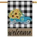 Summer Garden Flag Buffalo Plaid Truck with Sunflowers Welcome Flag Double Sided Vertical Burlap Yard Outdoor Decor 28x40 Inch