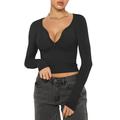WREESH Womens Fashion Slim Crop Tops Compression Shirts V Neck Solid Color Pullover Long Sleeve Tops Slim Show Thin Breast American Standing Neck Top/Shirt Black