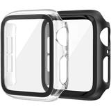 2 Pack Hard PC Case Compatible with Apple Watch Series 6 / SE / 5/4 44mm Women Men Overall PC Case Slim Tempered Glass Screen Protector Protective Cover for Apple iWatch 44mm SE Clear Black