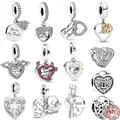 Original 925 Sterling Silver Devil Heart Double Pendant Pearlescent White Heart Charm Bead Fit