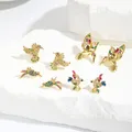 Real 18K Gold Plated Crystal Bird Stud Earrings For Women Copper CZ Animal Earrings Rainbow Jewelry