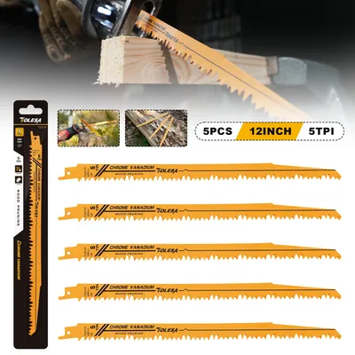 TOLESA 5PCS 5/6TPI Wood Pruning Reciprocating Saw Blades for Wood and PVC Pipe Cutting CRV Sharp Ground Teeth Sabre Saw Blades