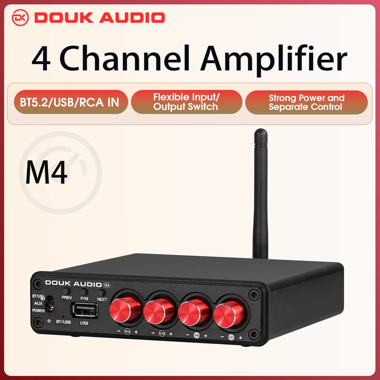 Douk Audio M4 Mini 2/4 Kanal Bluetooth 5.0 Digitalverstärker Stereo-Audioempfänger Desktop-Audioverstärker USB-Musik-Player 50 W * 4