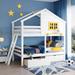 Twin over Twin Bunk Bed w/ 2 Drawers, 1 Storage Box, 1 Shelf, Window & Roof Upholstered Bed Frame for Kids, Teens, Girls, Boys