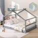 Gray Full Size House Floor Bed w/ Roof Upholstered Bed Frame for Kids,Teens