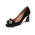 Fashion Heel Suede Leather Women's Square Toe Chunky Heels Vintage Floral Handmade Dress Pump Shoes with Fur Pearl, Black, 4 UK