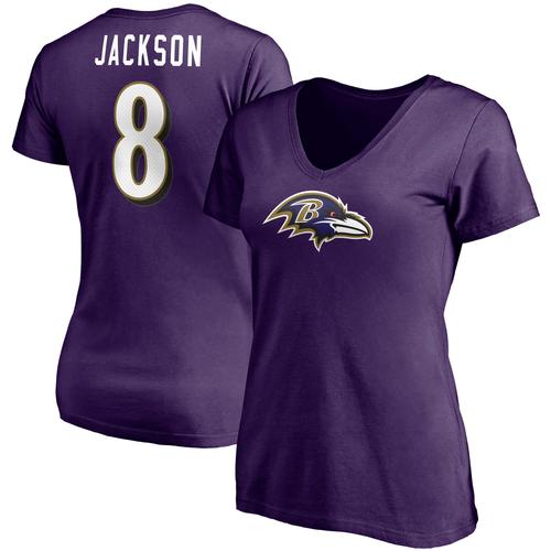 Damen Lamar Jackson Lila Baltimore Ravens Spielersymbol Name und Nummer V-Ausschnitt T-Shirt