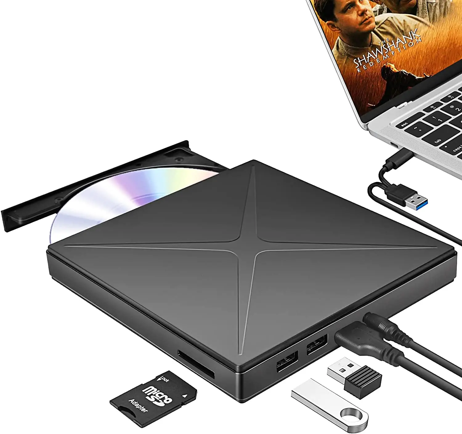 Externes optisches Laufwerk USB 3.0 Tragbares CD-DVD +/RW-Laufwerk, DVD-Player für Laptop, CD-ROM-Brenner mit USB-Anschluss TF/SD-Kartensteckplätzen Image