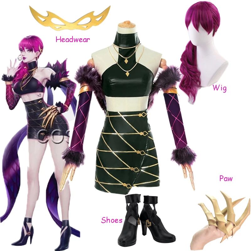 Spiel KDA ALL OUT Evelynn Cosplay Kostüm Weste Röcke KDA Frauen Sexy Outfits Roleplay Lange Perücke Halloween Angepasst Stiefel Schuhe