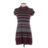 CALVIN KLEIN JEANS Casual Dress - Sweater Dress Turtleneck Short Sleeve: Burgundy Stripes Dresses - Women's Size Medium Petite