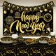 KatchOn, 117 Pieces New Year Disposable Dinnerware Set - 44x72 Inch, Happy Banner | Serves 25 Guest, Tablecloth 2024, Cups, Nachos Box Plates and Napkins Set, KA-NY-ST-GB-FRNFRI