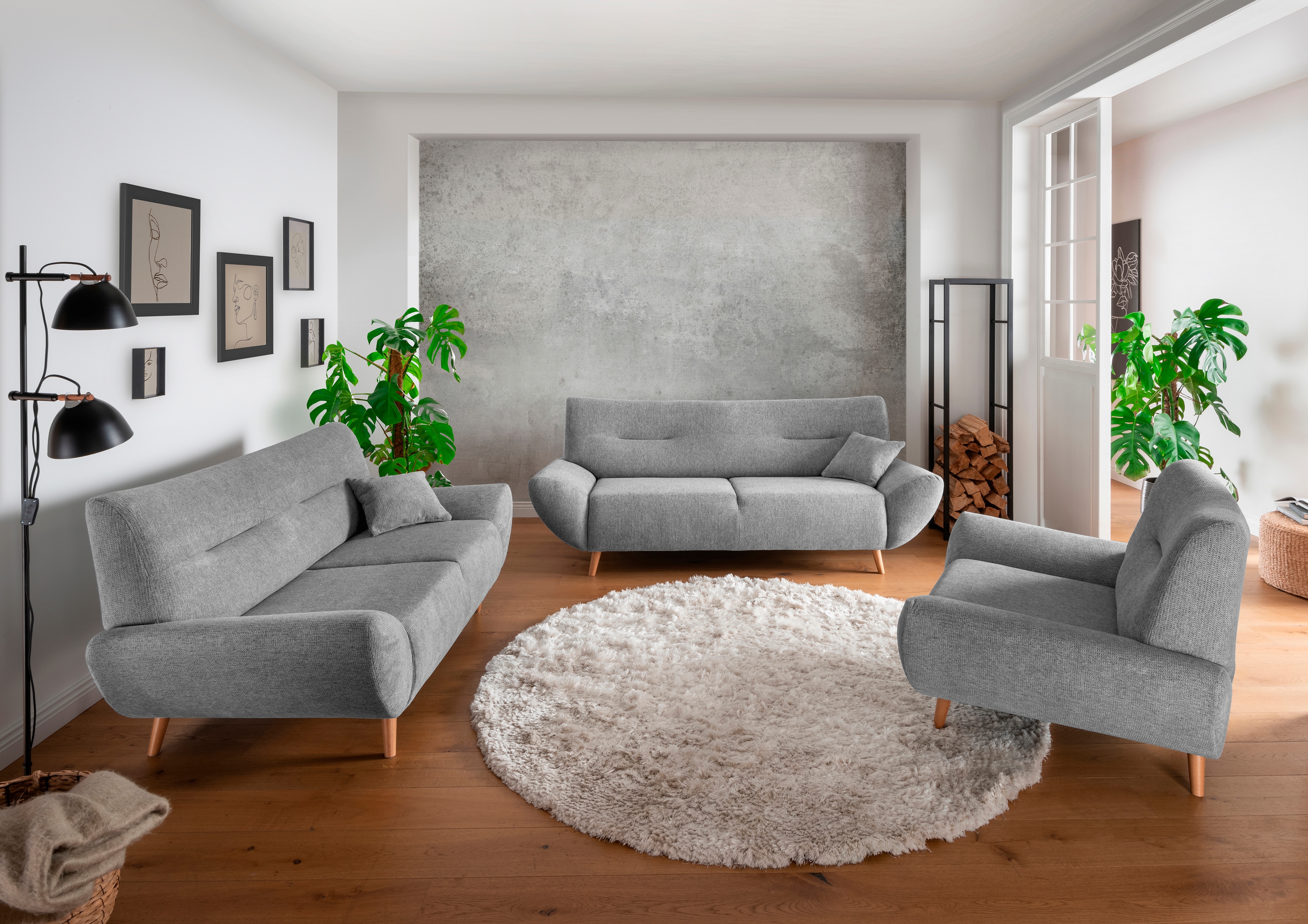 Polstergarnitur INOSIGN "Drago elegant und zeitlos, komfortabel, moderne Formensprache", grau (grau,), H:81cm T:90cm, 100% Polyester, Sitzmöbel-Sets, Set 3-2-1, bequem, versch. Stoffe, inkl. 2 Zierkissen