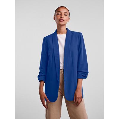 Blusenblazer PIECES "PCBOSELLA 3/4 BLAZER NOOS", Damen, Gr. XL, blau (mazarine blau), Web, Obermaterial: 79% Polyester, 16% Viskose, 5% Elasthan, unifarben, casual, slim fit hüftbedeckend, 3/4-Ärmel, Blazer, mit Faltendetail am Ärmel Image