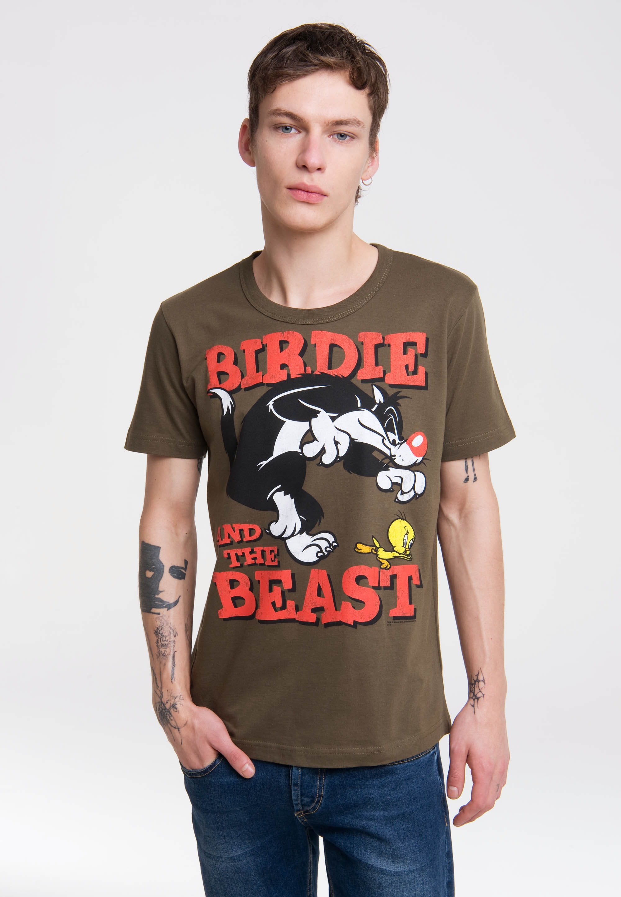 T-Shirt LOGOSHIRT "Looney Tunes – Sylvester & Tweety", Damen, Gr. S, grün (olivgrün, grün), 100% Baumwolle, unifarben, normal, Rundhals, Shirts T-Shirt, mit coolem Print