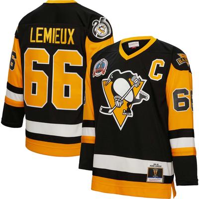 Mitchell & Ness Herren-Trikot mit Mario Lemieux, schwarzes Pittsburgh Penguins-Kapitänsaufnäher, 1991/92, blaue Linie Image