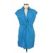 MNG Casual Dress - Shift Plunge Short sleeves: Blue Solid Dresses - New - Women's Size 6