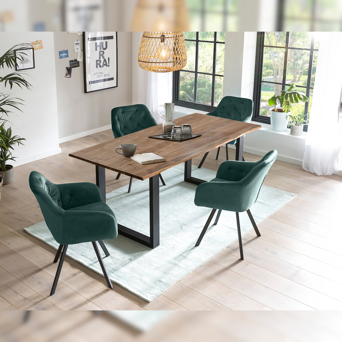 SalesFever Esstischgruppe 5-tlg., 160x90cm, Platte Akazie 26mm nussbaum, Metallgestell schwarz, 4 Armlehnstühle 360° drehbar Samt Image