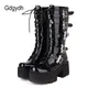 Gdgydh Bat Decoration Gothic Boots Women Patent Leather Mid Calf Boots For Women Belt Buckle Combat