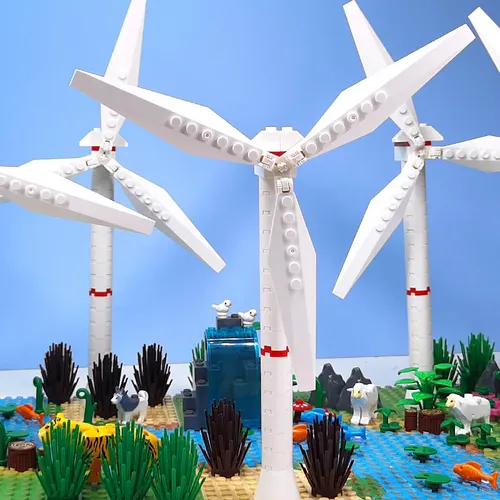 Windkraft anlage Szene Moc Bausteine Spielzeug Ziegel Kits Wald Fluss Boden Teile Tier Fisch