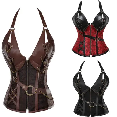 Erwachsene mittelalterliche Wikinger Piraten Kostüm Frauen Gothic Ritter Korsett Halloween Cosplay Steampunk Leder Neckholder Weste Metall Cuirass Image