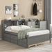 Full Size Storage Bed Frame with Bookcase and Drawers, Pine Wood Platform Bed with Trundle Frame and Storage Headboard, Grey