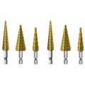 Step Drill Bit 6Pcs Hss Step Drill Bit Set Cone Hole Cutter Taper Metric Nitriding Hex Core Drill Bits Gold