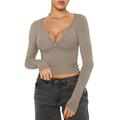 WREESH Womens Fashion Slim Crop Tops Compression Shirts V Neck Solid Color Pullover Long Sleeve Tops Slim Show Thin Breast American Standing Neck Top/Shirt Gray