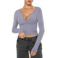 WREESH Womens Fashion Slim Crop Tops Compression Shirts V Neck Solid Color Pullover Long Sleeve Tops Slim Show Thin Breast American Standing Neck Top/Shirt Purple