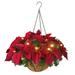 YINKUU 17Inch Artificial Poinsettia Floral Arrangement Hanging Basket Decorated with Bristle Pine Red Flowers and Warm White LED Lights Christmas Outdoor Holiday Decorations