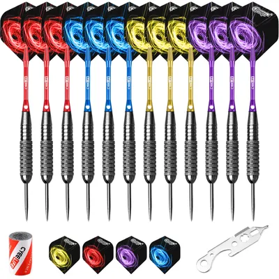 CyeeLife 22/28g Stahl tip darts Professionelle 12 Packs,12 Aluminium Wellen 4 Farben + Werkzeug + Spitzer + 12 Flüge + Geschenk verpackung Image