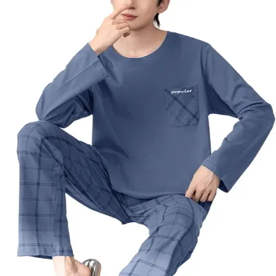Frühling Herbst Gestrickte Lange Ärmeln männer Pyjamas Sets Männlichen Pyjama Set Brief Pyjama Für Männer Plaid Nachtwäsche Anzug Homewear 3XL Image