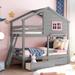 Twin over Twin Bunk Bed with 2 Drawers, 1 Storage Box, 1 Shelf, Window and Roof, Grey