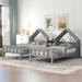 Double Twin Size Platform Bed with House-Shaped Headboard and a Built-in Nightstand, Wood Shared Bed Frame with Storage, Grey