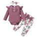 Infant Baby Girls Clothes Baby Girls Outfits 6-12 Months Baby Girls Long Sleeve Romper Top Floral Pants Headband 3PCS Set Purple