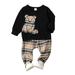 9 Months Infant Baby Boys Clothes Baby Boys Outfits 9-12 Months Baby Boys Long Sleeve Round Neckline Bear Print Top Plaid Pants 2PCS Set Black