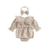 Qtinghua 2Pcs Newborn Baby Girl Fall Outfits Plaids Doll Collar Long Sleeve Ruffle Romper+Headband Set Khaki 6-12 Months