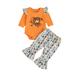 ZRBYWB Toddler Kids Boy Girl Clothes Outfit Pumpkin Letter Print Long Sleeve Romper Bell Bottom Pants 3 Piece Set Outfits Baby Clothes