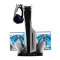 Charging Stand with Cooling Fan for PS5 Slim Console, Multifunctional Dual Controller Dock Charger Station with Game Disc Seats USB Hub Headphone Holder Accessories for PS5 Slim Digital/Disc Black