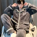 Pyjama Men Warm Winter Sleepwear Thickened Embroidery Pajama Set Flannel Autumn Nightwear Soft Long