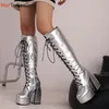 Silber Knie Hohe Stiefel Frauen 14,5 cm Dicken Heels Glossy Patent Leder Punk Lace-up Comfy Zip Plattform Schuhe große Größe 48