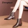 2024 Winter Mode Frauen Stiefel Zipper Retro Leder Plus Samt Schuhe Starke Ferse Stiefeletten Plus Größe 41 High Heels schuhe