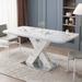 Modern Square Dining Table, Stretchable, White/Black Marble Table Top+MDF X-Shape Table Leg with Metal Base