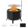 Haverchair Smokeless Fire Pit with Grill Outdoor Wood Burning Firepit with Cover 20in Iron Outside Fire Pits Portable Stove Bonfire Black