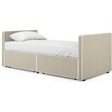 Size Platform Bed Frame With 2 Storage Drawers Underneath - Contrast Vegan Leather Piping - Upholstered In Beige Fabric - Ideal As Sofa Bed Or Daybed Box Spring Not Required