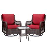 Towallmark 3 Pieces Outdoor Patio Swivel Rocking Chair Sets 360 Degree Swivel Rocking Chairs Set of 2 and Matching Side Table Wicker Patio Bistro Set with Premium Fabric Cushions Red