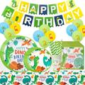 LOMUG Dino Birthday Decoration, 114 Pieces Children's Birthday Party Tableware Set, for 20 Guests, Dinosaur Party Decoration with Banner, Paper Pipette, Plate, Balloon, Cup, Tablecloth, Napkin