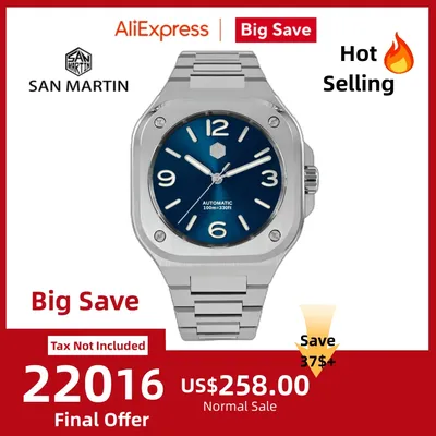 San Martin 40mm Square Business Watch Mechanical Watches For Men Self Winding Wirstwatch Waterproof 10Bar Casual Sapphire SN0074