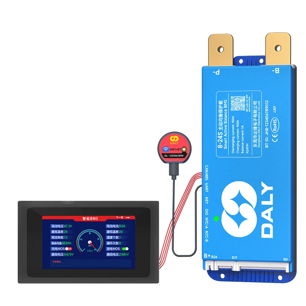 Daly Smart BMS mit Active Balance Wifi Bluetooth LCD-Display 4S 8S 16S 24S 100A 150A Li-Ion Lifepo4 LTO RS485 CANBUS Wechselrichter Image