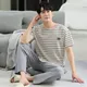 Men's Home Clothes Summer Striped Cotton Sleepwear Lounge Set Homewear Male Pajamas Set Trouser Home