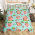 Capybara Lover Bedding Set Cartoon Rodent Animal Comforter Cover Capybara Gifts for Kids Watermelon Strawberry Duvet Cover Cute Flower Kawaii Quilt Cover,2 Pillow Cases,Teal Capybara Room Decor,Double